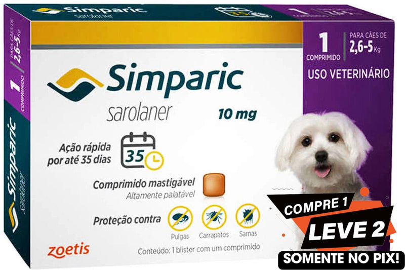 Simparic 10mg, 2,6 até 5kg, 1 Comprimido Zoetis para Cães