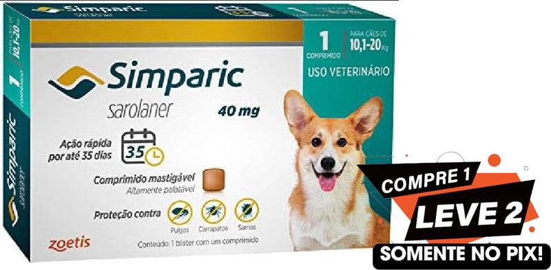 Antipulgas E Carrapatos Simparic 40mg Para Cães 10,1 A 20kg Com 1 Comprimidos