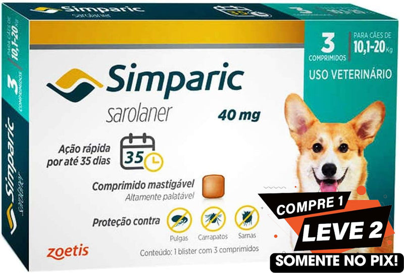Antipulgas Simparic 40 Mg Para Cães 10,1 A 20 Kg - 3 Comprimidos